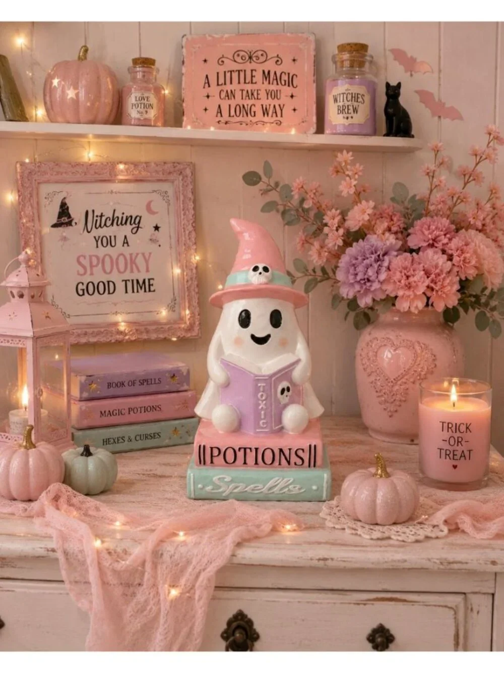 New Pink Pastel Ghost Reading Toxic Book Halloween Spooky Decor Figurine